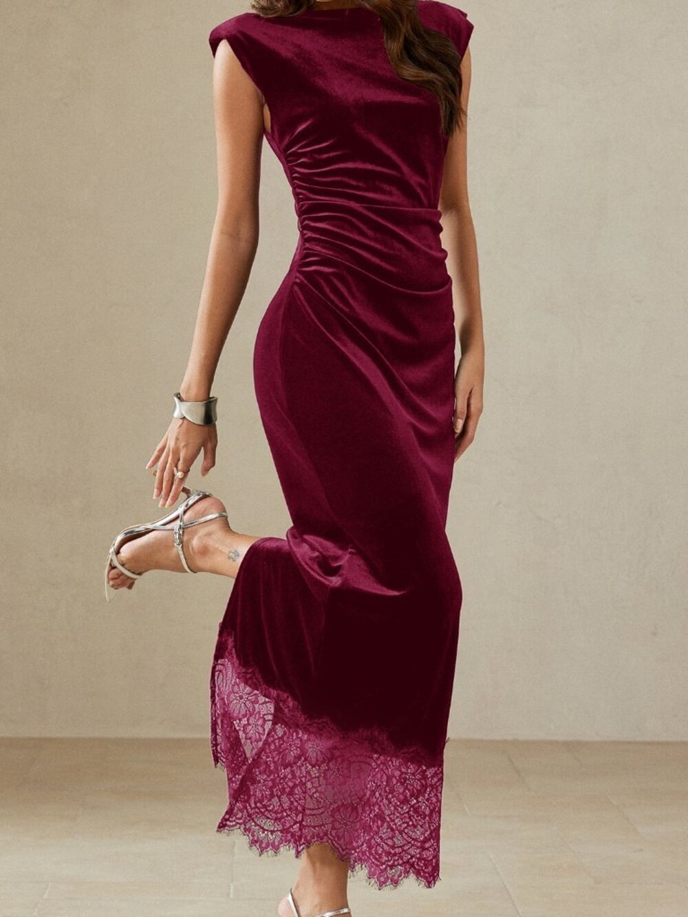 Hot Pink Elegant Women's Fitted Boat Neck Baroque Lace Pencil Dress